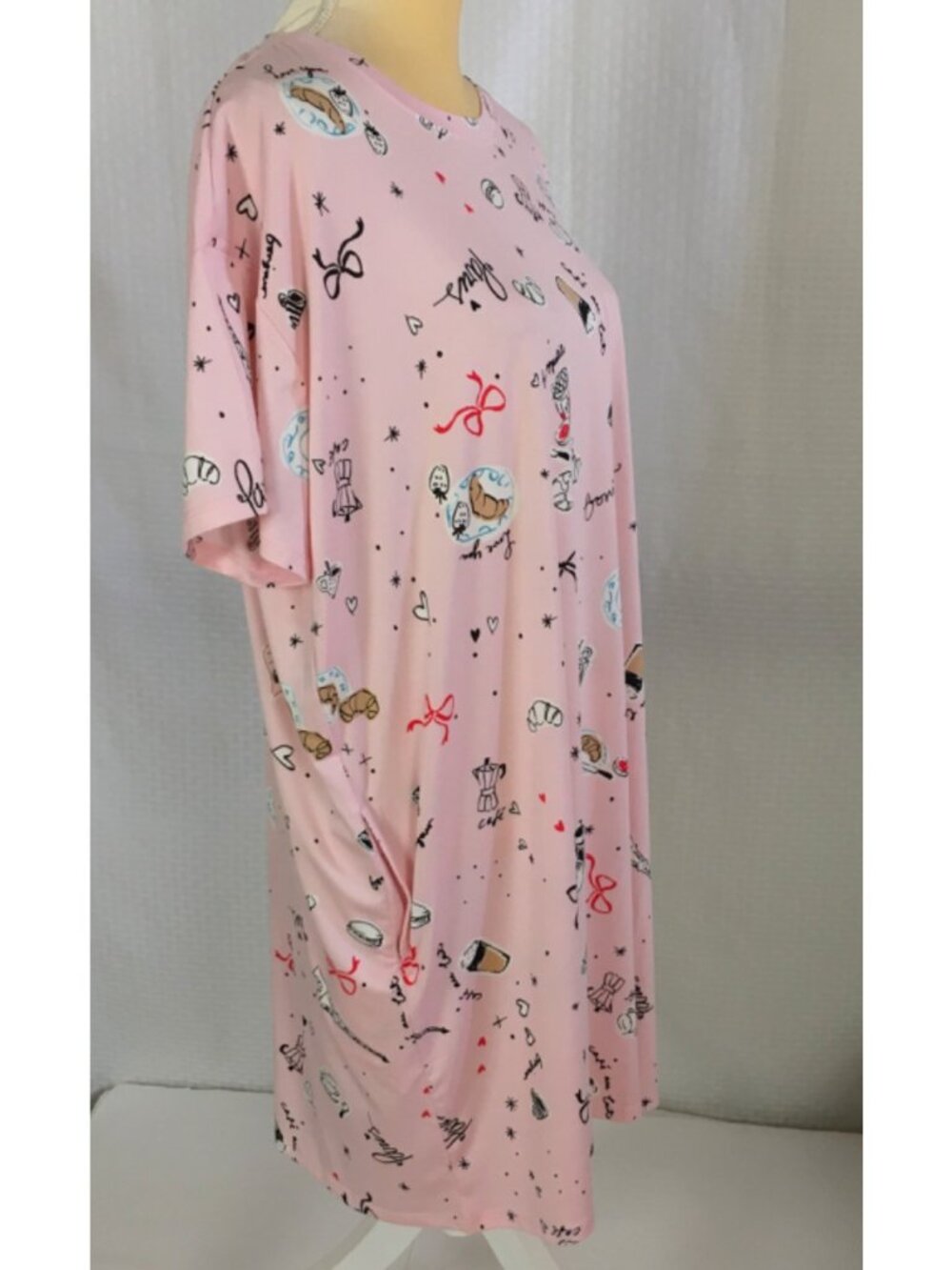 Joyspun Sleep Shirt Size L to XL Pink Paris Coffee Croissants Pockets New w Tag - Picture 2 of 13